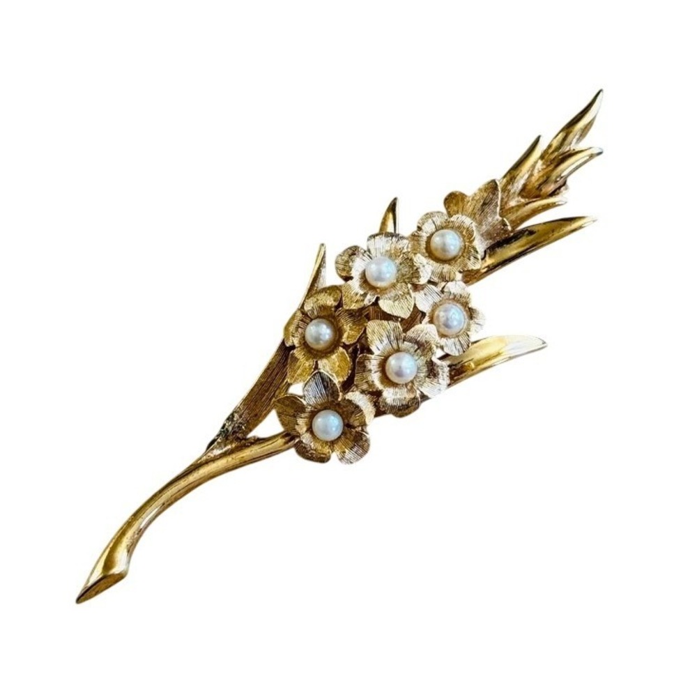 Marcel Boucher Gladiolus Floral Pearl Brooch VTG Flower Of The Month 1960s Gold